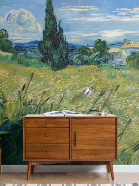 Vihreä vehnäpelto ja sypressi Vincent Van Gogh seinämaalaus
