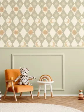 Murales de papel pintado geométrico verde para espacios con aire retro