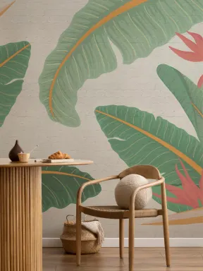 Biophilic Banana Leaf and Brick Wallpaper Mural