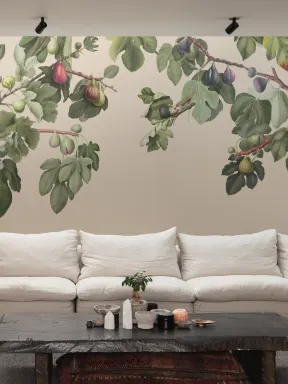 Figuier vintage Illustration botanique Papier peint panoramique sur fond beige neutre