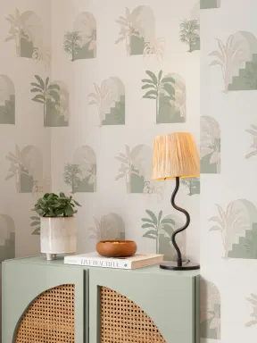 Papier Peint Vert Motif Architectural et Plantes