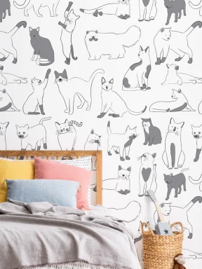 Papier Peint Panoramique Gris et Blanc à Motifs de Chats