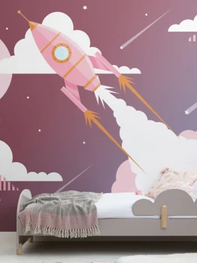 Pink Children’s Retro Space Rocket Wallpaper Mural