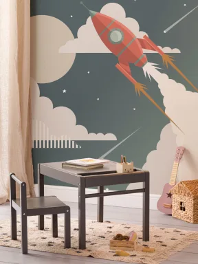 Papier Peint Panoramique Fusée Spatiale Rétro pour Enfants