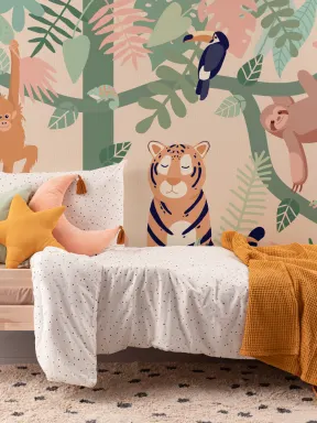 Papier Peint Panoramique pour Enfants avec Feuilles et Animaux de la Jungle