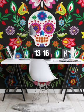 Papier Peint Panoramique Floral Tête de Mort en Sucre