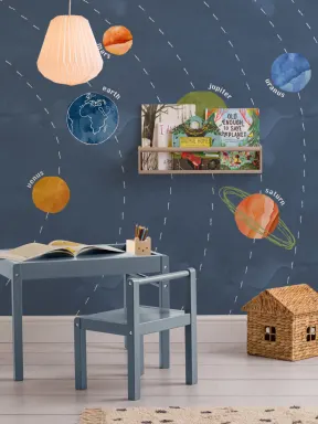 Papier Peint Panoramique pour Enfants avec Système Solaire à l’Aquarelle