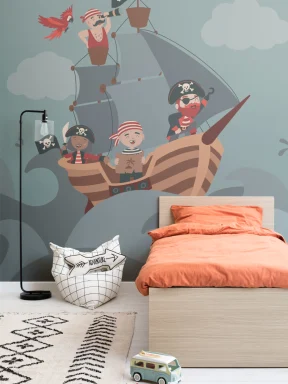 Papier Peint Panoramique Enfants Illustré avec Bateau et Équipage Pirate