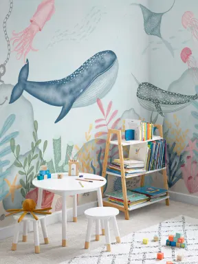 Papier Peint Panoramique Baleine Fond Marin en Aquarelle pour Enfants