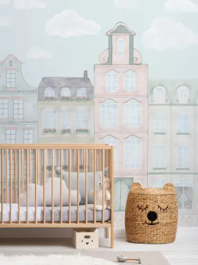 Pastel Watercolour Kids City Landscape Wallpaper Mural
