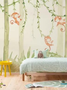 Storybook Watercolor Swinging Monkeys Wallpaper Mural