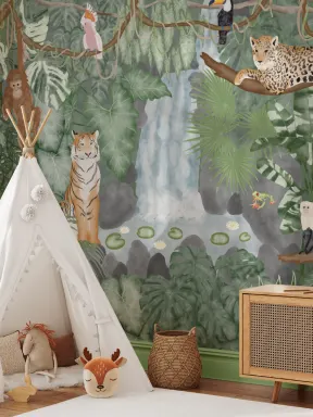 Aquarel Jungle Dieren Behang Muurschildering