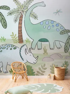 Sweet Dinosaurs and Trees Repeat Pattern Wall Mural