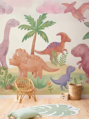 Kids' Pastel Dinosaur Paradise Mural for Joyful Adventure
