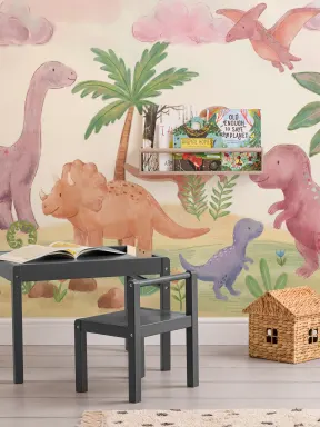 Murales de papel pintado Paraíso de dinosaurios en tonos pastel para una aventura llena de alegría