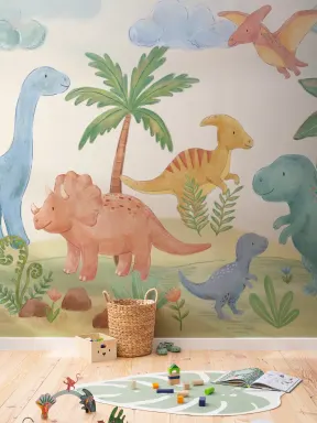 Multicolor Dinosaur Paradise Kids' Mural For Playful Spaces