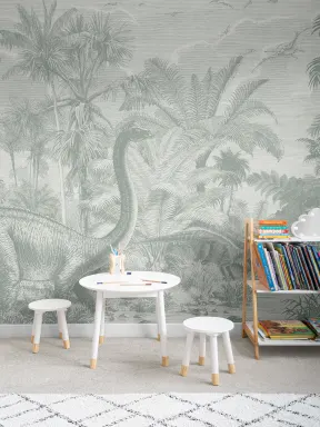 Murales de papel pintado infantil de paisaje selvático con dinosaurios verdes