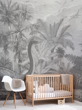 Murales de papel pintado infantil de dinosaurios prehistóricos en la jungla gris