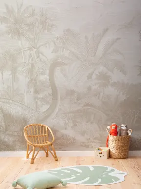 Murales de papel pintado infantil de jungla prehistórica con dinosaurios en beige