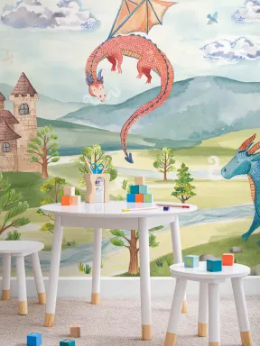 Kinder Aquarell Drachen und Burg Fototapete