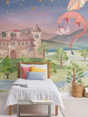 Kids Starry Sky Watercolor Dragons & Castle Mural