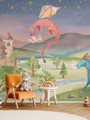 Kids Starry Sky Watercolor Dragons & Castle Mural