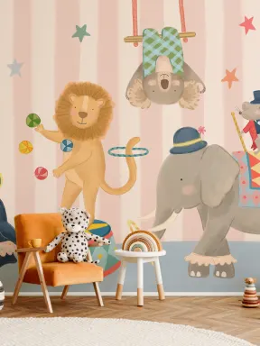Kids Pink Stripe Animal Circus Show Mural