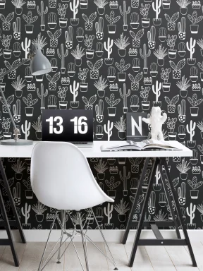 Naïve Cactus Black & White Repeat Pattern Wallpaper