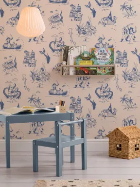 Papier Peint Panoramique Bleu et Crème Illustré à Motifs Scènes des Pirates
