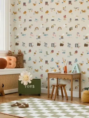 Papier Peint Éducatif à Motif de Alphabet Illustré sur Fond Beige