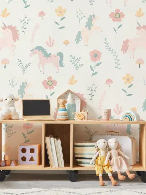 Papier Peint Enfant Pastel avec Licornes et Fleurs