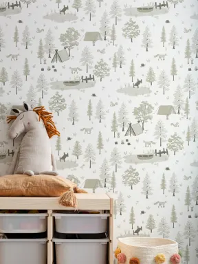 Papier Peint Motif Camping en Forêt en Vert