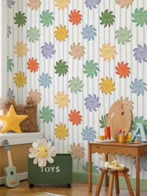 Multicolor Smiley Sunshines with Stripe Background Wallpaper