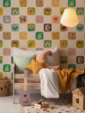 Papier peint panoramique multicolore pour enfants avec motifs ludiques