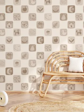 Neutral Checkered Kids' Patchwork Pattern Mural