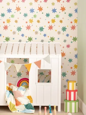 Hand Drawn Multicolor Stars Off White Wallpaper