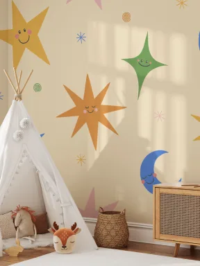 Kids' Multicolor Celestial Smiley Sky Mural Wallpaper Mural