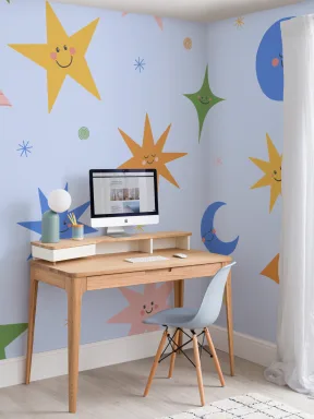 Kids' Sky Blue Celestial Smiley Stars Mural Design