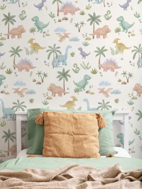 Mural infantil multicolor de dinosaurios para espacios llenos de diversión
