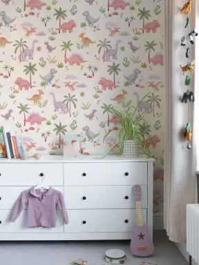 Kids' Pastel Dinosaur Adventure Multicolor Pattern Mural