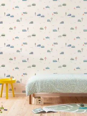 Murales de papel pintado infantil azul de aventura para espacios llenos de diversión