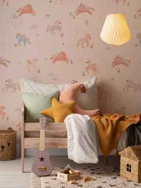 Murales de papel pintado de fantasía con unicornio rosa para el mundo de los sueños infantil
