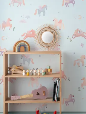 Murales de papel pintado infantiles de fantasía con unicornio azul encantado