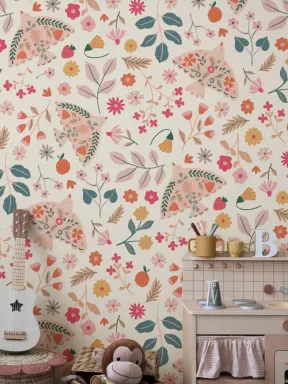 Pink Scandinavian Bird & Floral Motif Wallpaper