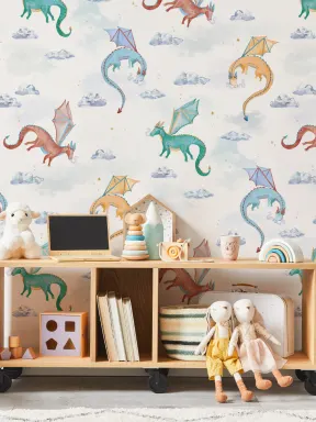 Papel Pintado Infantil Dragones Acuarela Blanca