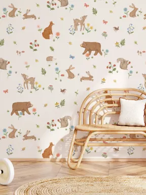 Beige Kids Cute Woodland Animals Mural