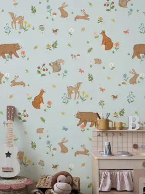 Papier peint panoramique Animaux mignons des bois pour enfants bleus
