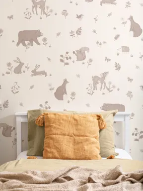 Papier peint panoramique beige Animaux mignons de la forêt pour enfants