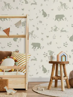 Green Kids Cute Woodland Animals Mural