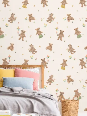Beige Kids Cute Teddy Motif Wallpaper